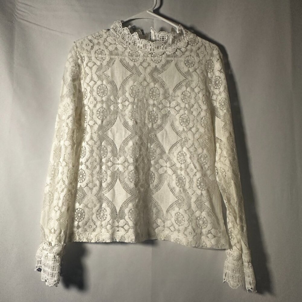 Shein Cream Lace High Neck Long Sleeve Blouse M